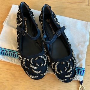 Tory Burch Black Suede Flats with Rhinestones and Strap